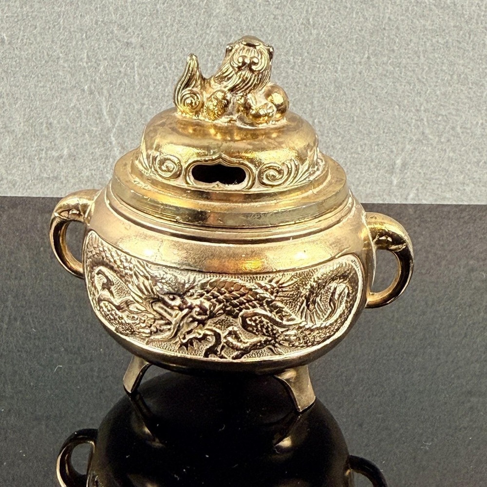 Vintage HKK Japan Brass Incense Burner Foo Dog Lid Dragon Relief Tripod Censer